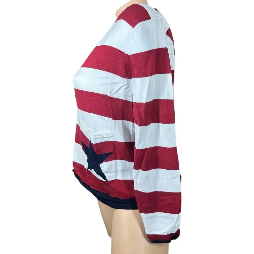 Vtg TALBOTS‎ Red White Blue Stars Stripes 2 Pc Cardigan Sweater Set Patriotic S